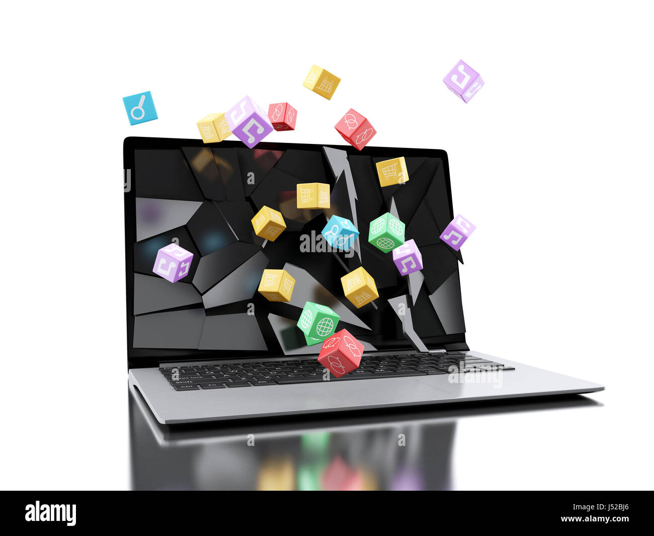 3D renderer illustrazione. Rotture di schermo di computer portatile con le icone delle app. I social media online concetto. Isolato sfondo bianco Foto Stock