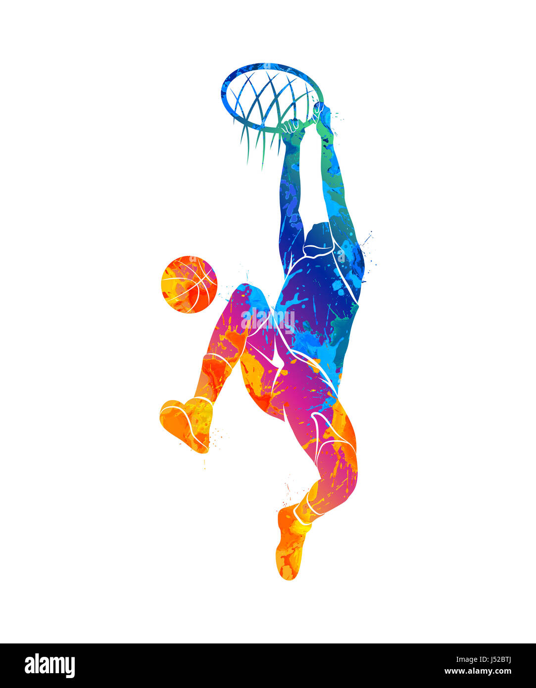 Silhouette del giocatore di basket con palla da schizzi di acquerelli. Illustrazione della foto di vernici. Foto Stock