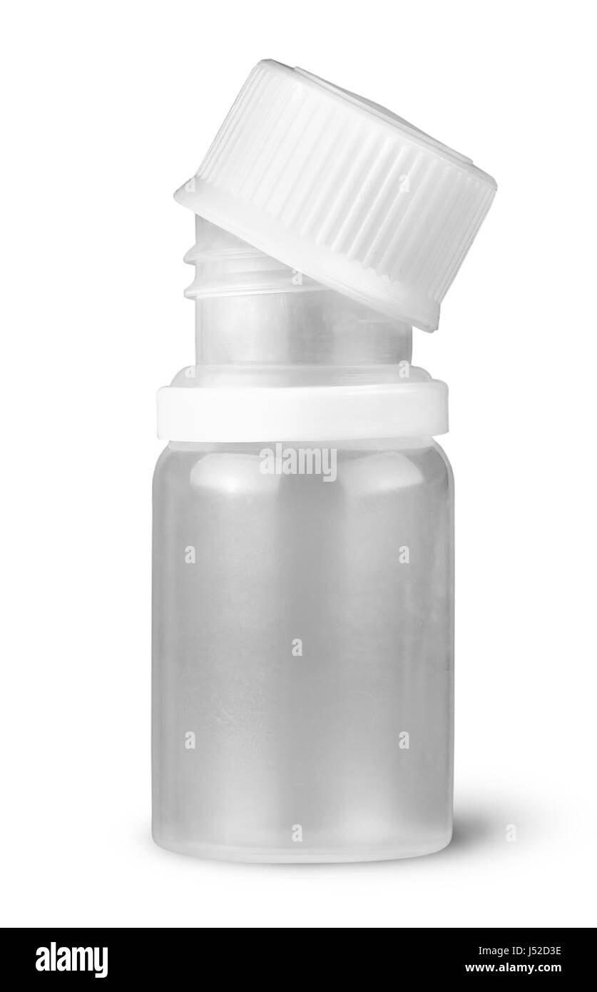 Piccola bottiglia di plastica con coperchio rimosso Foto Stock