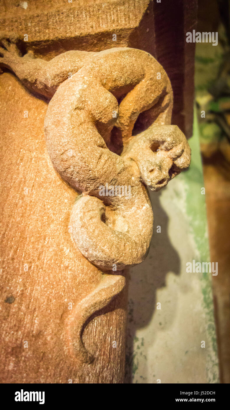 Un pauroso gargoyle medievale lizard morde la coda. Foto Stock