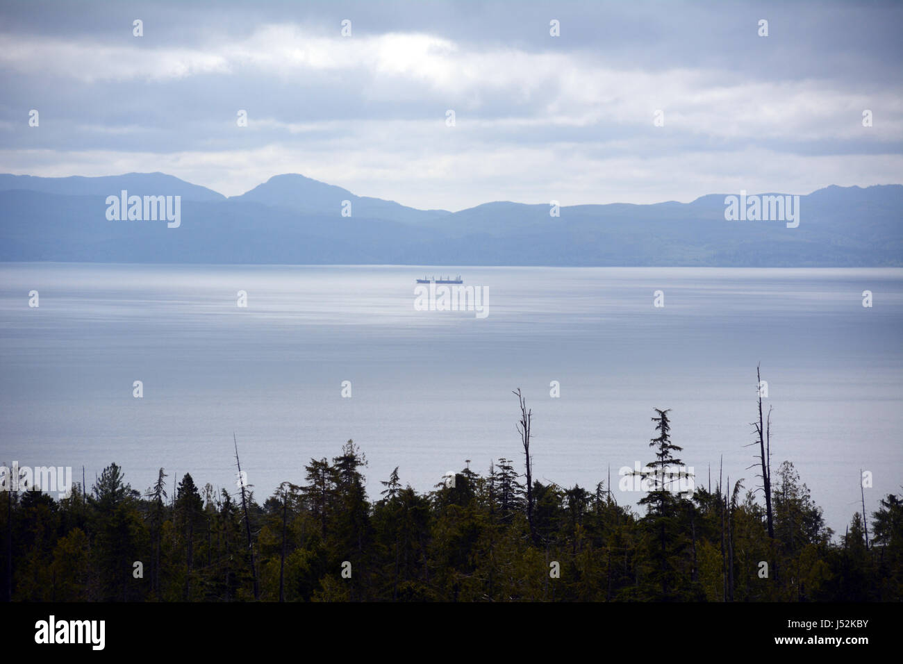 Una petroliera nello stretto di Juan de Fuca tra lo Stato di Washington (USA) sullo sfondo, e Vancouver Island, British Columbia, Canada. Foto Stock