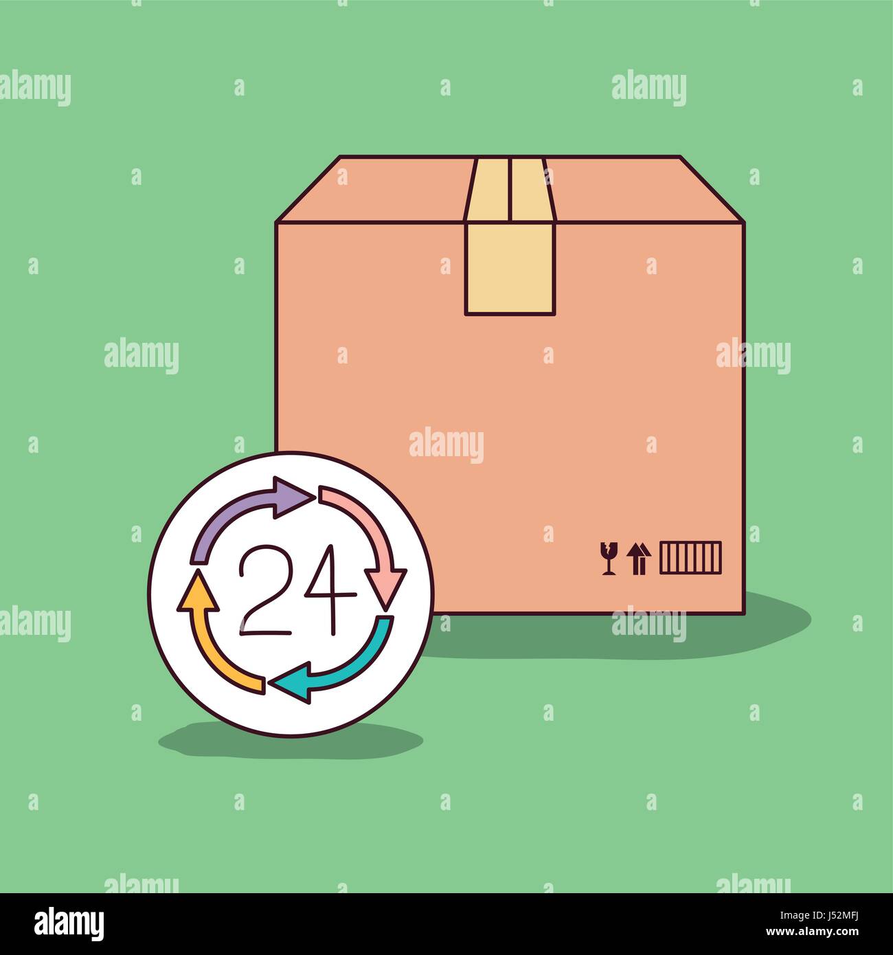 Sfondo verde con confezione sigillata e 24 ore icona Illustrazione Vettoriale