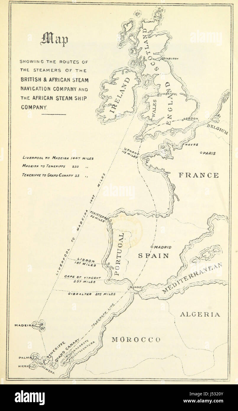 Questa immagine della seconda edizione di "Madeira e le Isole Canarie" fornisce illustrazioni e mappe, evidenziando le Isole Canarie come località di villeggiatura, con particolare attenzione a Grand Canary. Il lavoro include anche approfondimenti del Dr. M. Douglas sulle qualità terapeutiche dell'isola. Foto Stock