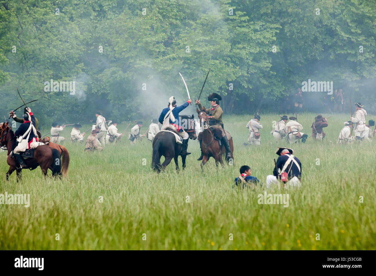 Guerra rivoluzionaria re-enactors a cavallo - USA Foto Stock