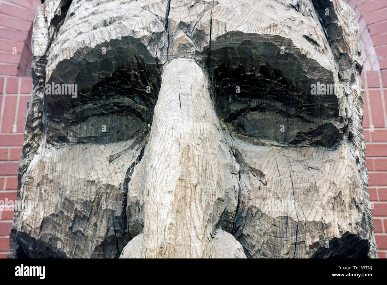Little Rock Arkansas,Breckling River Waterfront Park,scultura in legno,Julius Breckling,Indian Head,viso,dettaglio,primo piano,dettagli,History Pavilion, Foto Stock