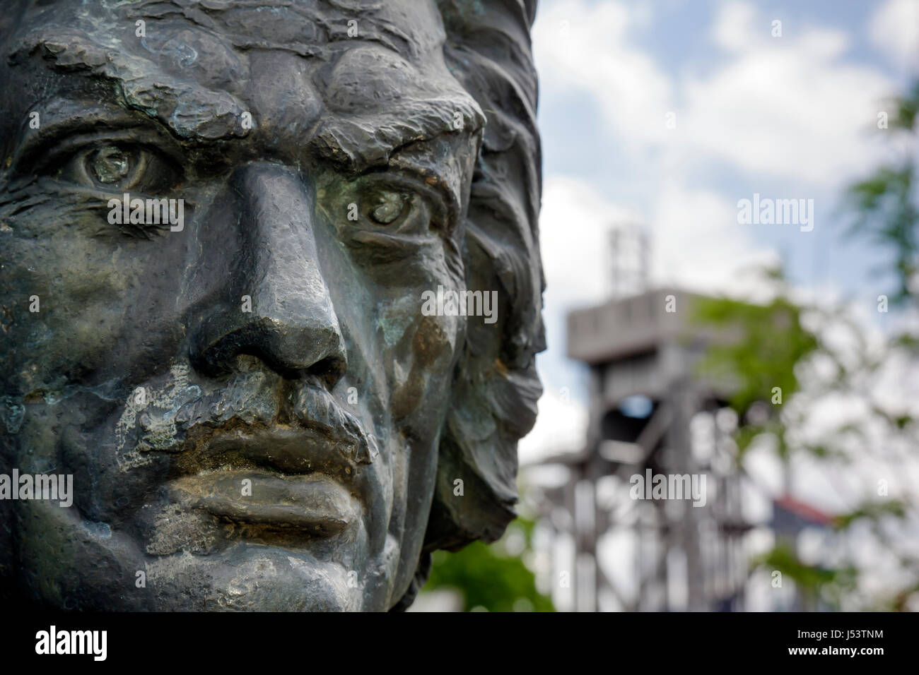 Little Rock Arkansas, Breckling Riverfront Park, Count Casimir Pulaski, statua, busto, statua di bronzo, uomo uomo maschio, viso, Storia Pavilion, AR080605018 Foto Stock