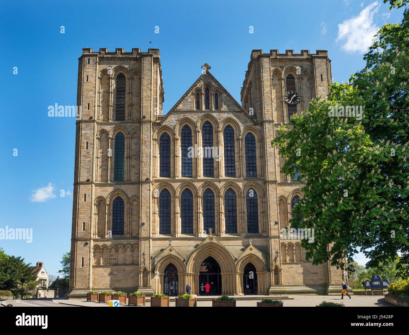 Il fronte ovest della cattedrale di Ripon in primavera Ripon North Yorkshire, Inghilterra Foto Stock