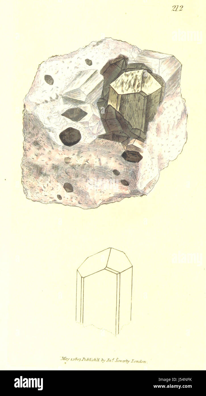 "British Mineralogy" è un manuale mineralogico in cinque parti di James Sowerby, con oltre 400 incisioni colorate a mano di rocce e minerali trovati in Gran Bretagna, pubblicato tra il 1802 e il 1817. Foto Stock