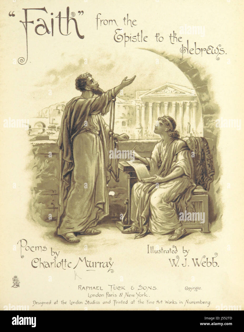 Questa immagine, da pagina 7 di "Faith from the Epistle to the Hebrews", presenta illustrazioni di W. J. Webb, abbinate a poesie basate sul testo biblico. L'opera esplora temi di fede, spiritualità e riflessioni bibliche attraverso l'espressione poetica e visiva. Foto Stock