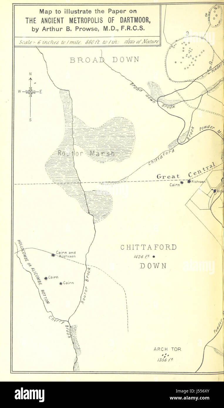 L'antica metropoli di Dartmoor, come descritto nelle transazioni della Devonshire Association, approfondisce il significato storico degli antichi insediamenti di Dartmoor. Il lavoro esplora i reperti archeologici, la struttura sociale e l'importanza culturale della regione, offrendo approfondimenti sulla vita preistorica nel Devon, in Inghilterra. Foto Stock