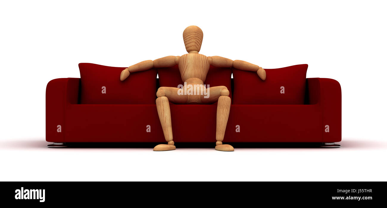 Manichino seduto sul divano rosso (isolato su sfondo bianco) Foto Stock