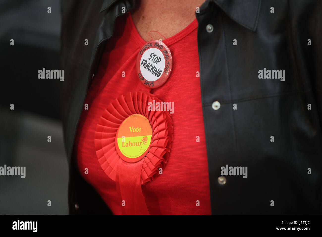 Un partito laburista le rosette e anti-fracking badge indossato da un sostenitore al lancio in Bradford di parte del manifesto per le elezioni generali. Foto Stock