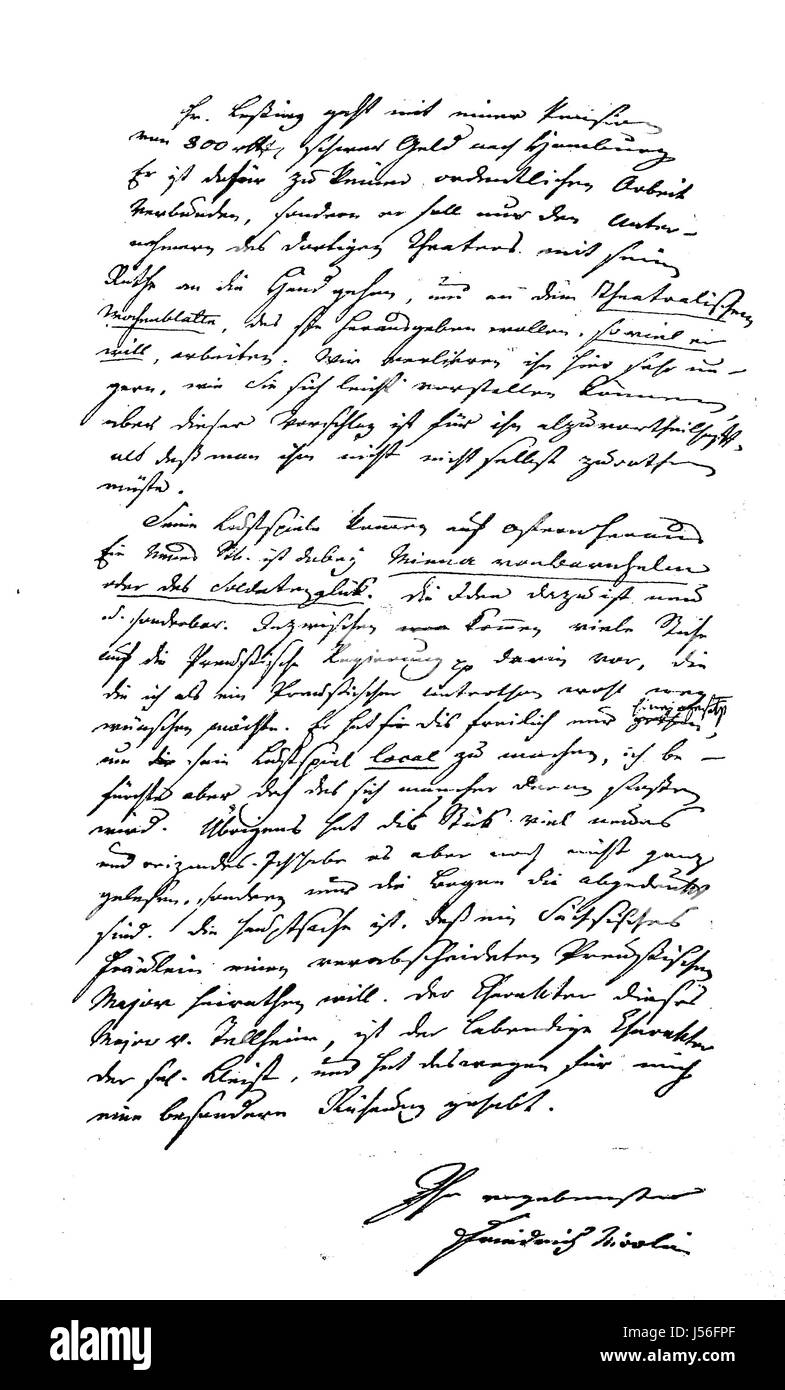 Parte di una lettera da Friedrich Nicolai a Mainardo a Erfurt, 1767, riguardanti Lessing, la sua chiamata ad Amburgo e la sua minna di Barnhelm, digitale riproduzione migliorata da una pubblicazione dell'anno 1880 Foto Stock