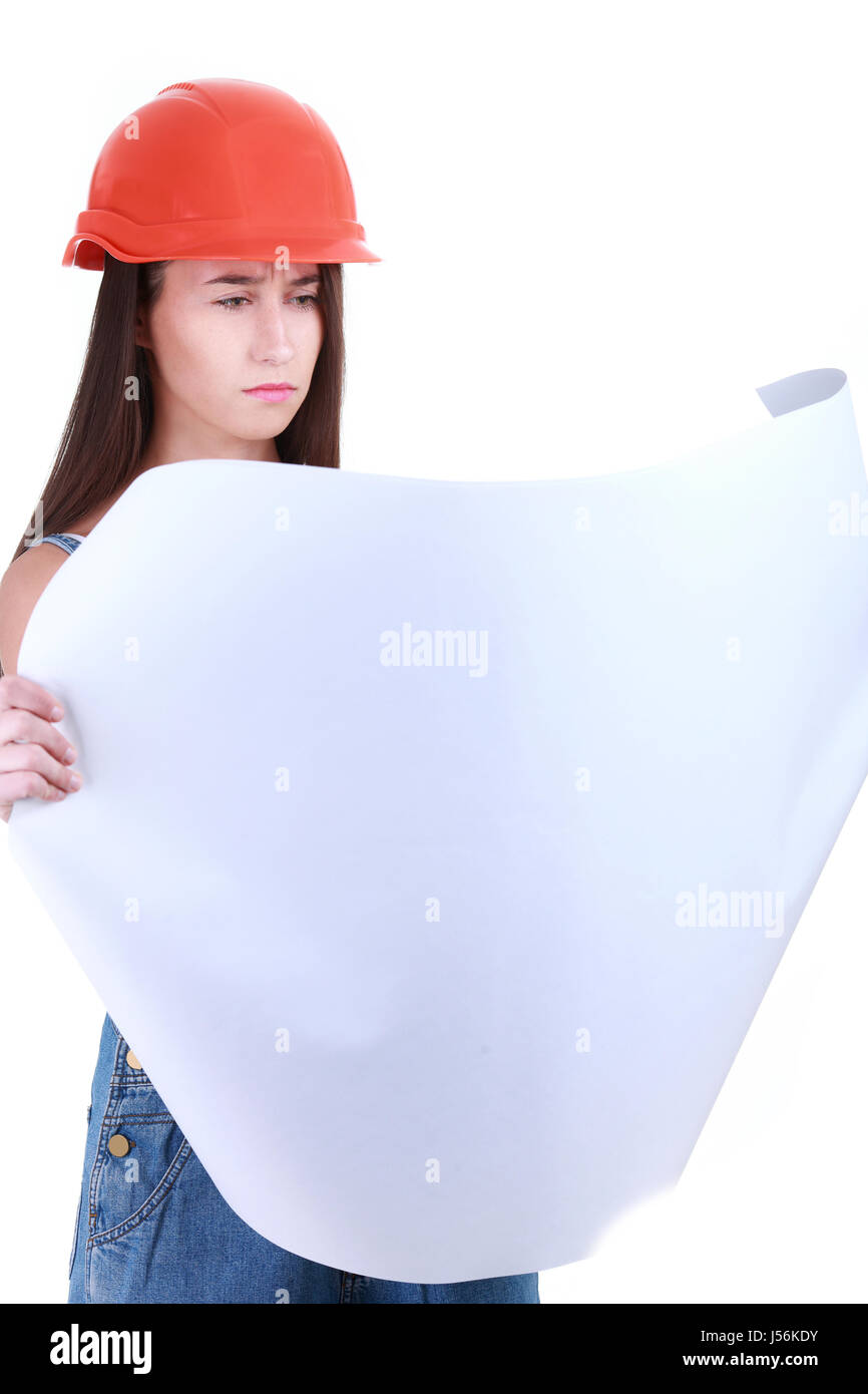 Ritratto di giovane donna di costruttore nel casco dipinto su bianco Foto Stock