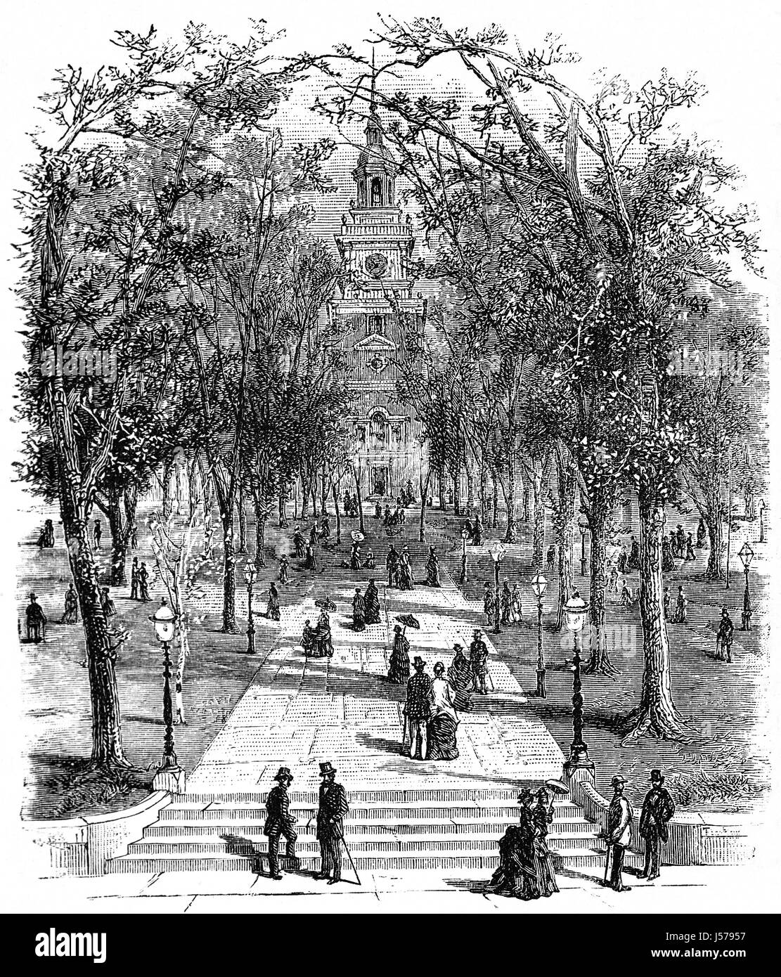 1897: il viale che conduce da Chestnut Street di Independence Hall, dove gli Stati Uniti la dichiarazione di indipendenza e la costituzione degli Stati Uniti sono state discusse e adottate. La città di Filadelfia, Pennsylvania, Stati Uniti d'America. Foto Stock