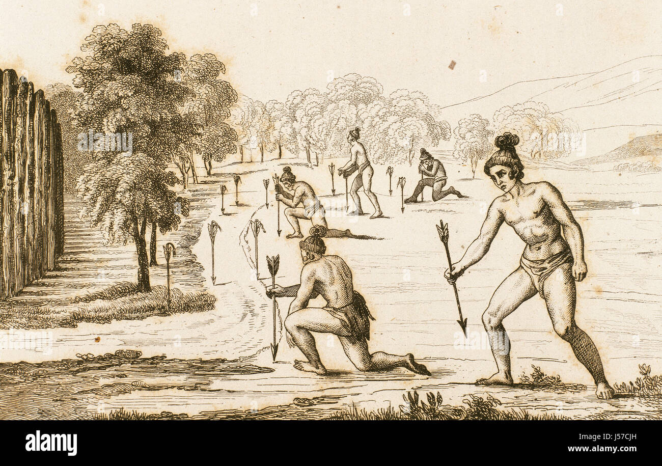 Gli indiani Timucuan dichiarare guerra. Il XVI secolo. Incisione, 1841. Foto Stock