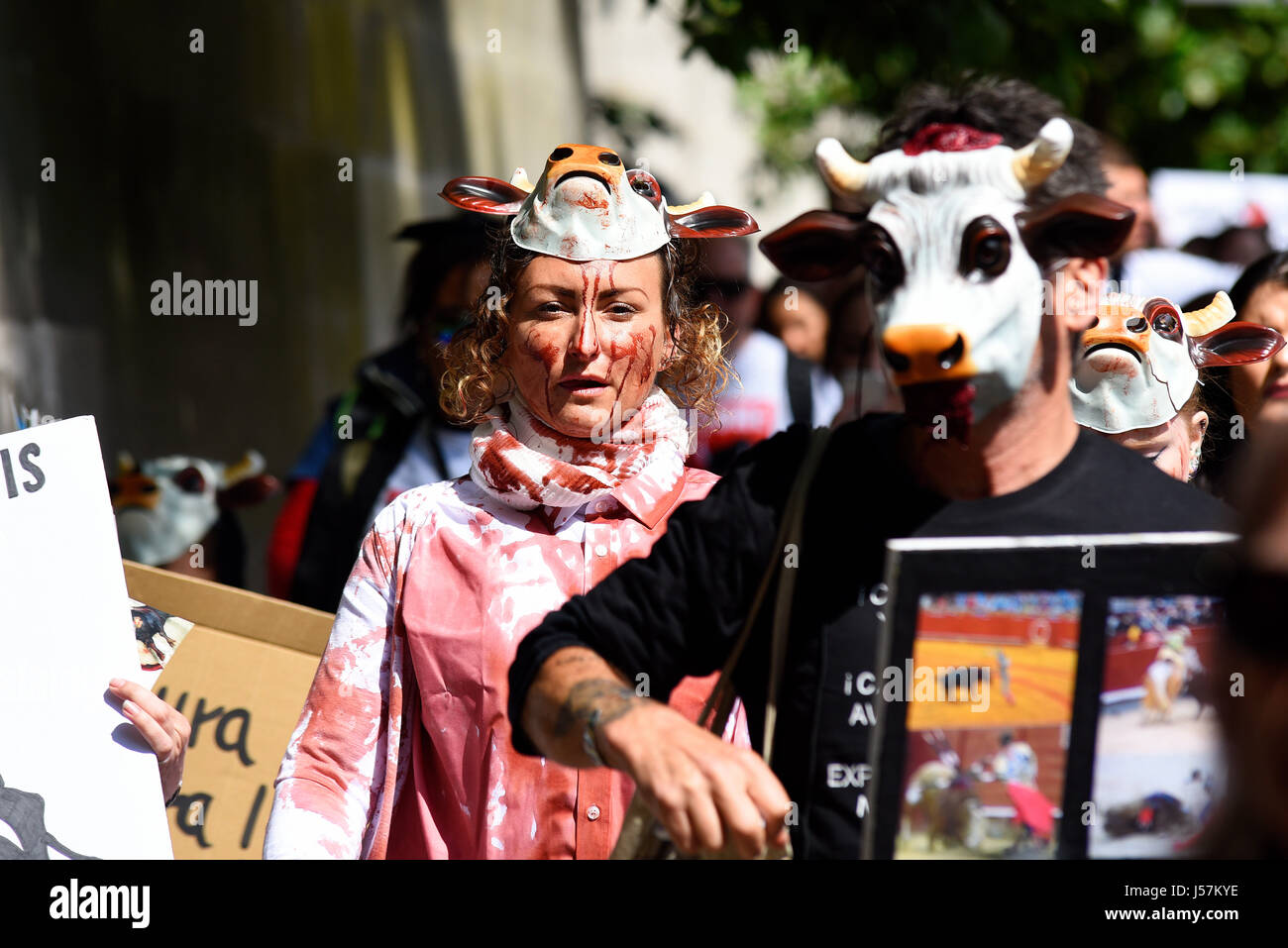 Persone che protestano contro la corrida durante una dimostrazione di marzo che termina al di fuori dell'ambasciata spagnola a Londra. Foto Stock