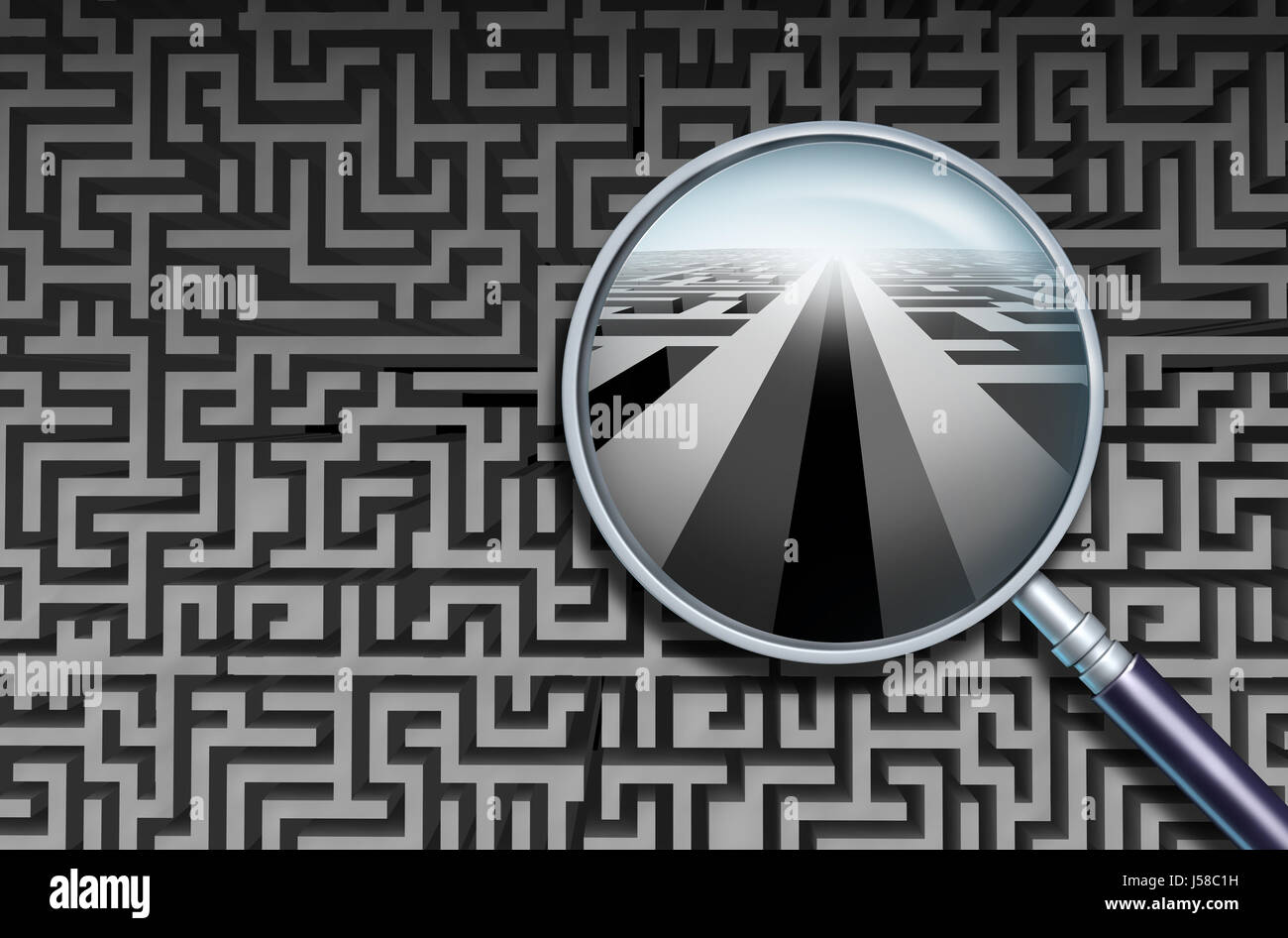 Ricerca Business Solution e a scoprire e decodificare complicato confusione come una lente di ingrandimento di trovare un modo per andare avanti. Foto Stock