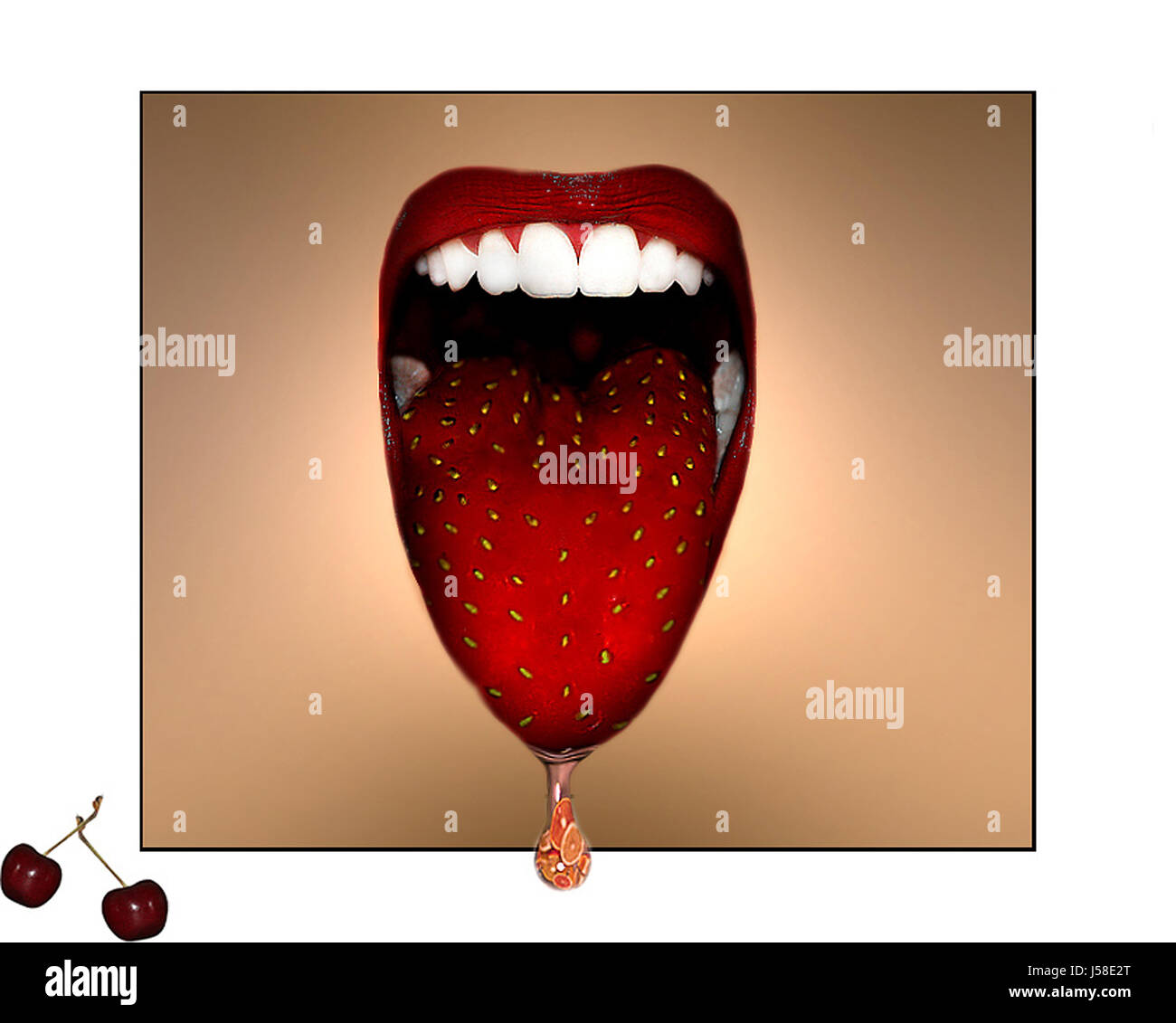 Linguetta di bocca labbra frutta fragola arance ciliegie mouthes labbro rosso sano Foto Stock