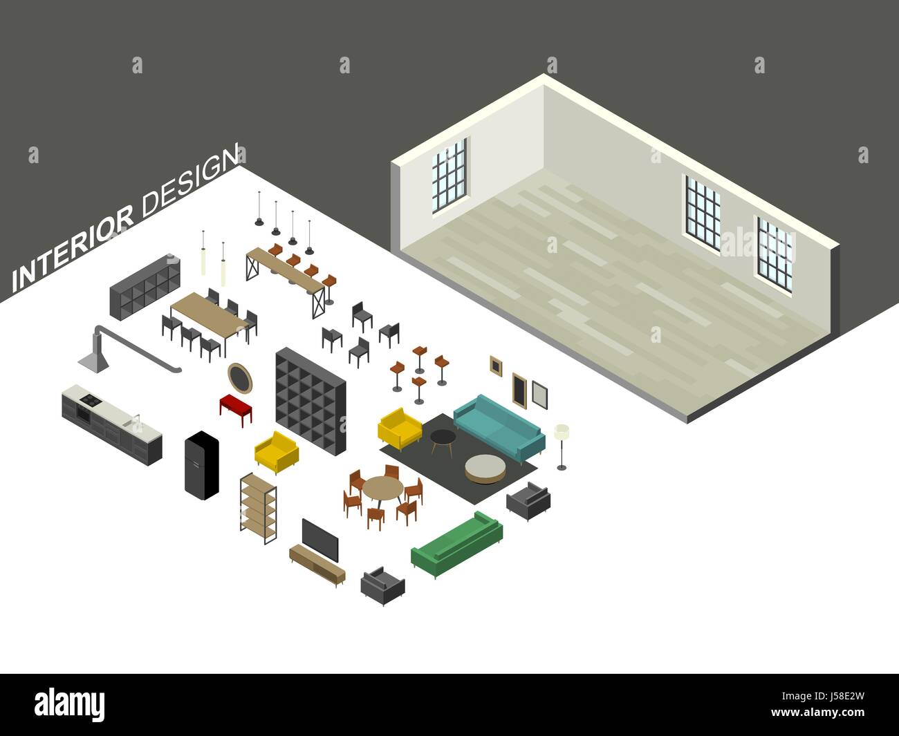 Set di mobili in vista isometrica Illustrazione Vettoriale