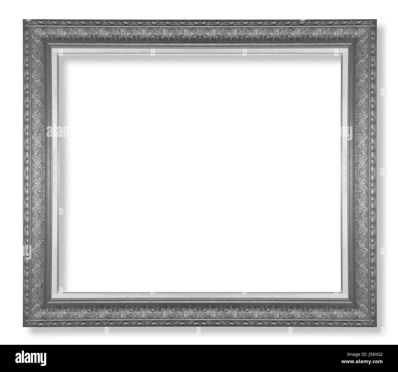 Antico telaio nero isolato decorativi in legno intagliato Stand antico telaio nero isolato su sfondo bianco Foto Stock