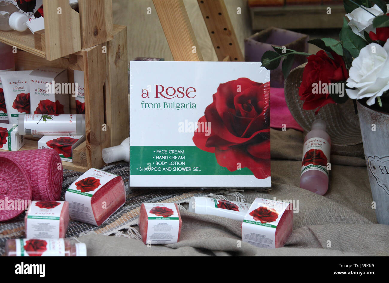 Articoli da bagno di rose in vendita in Bulgaria Foto Stock