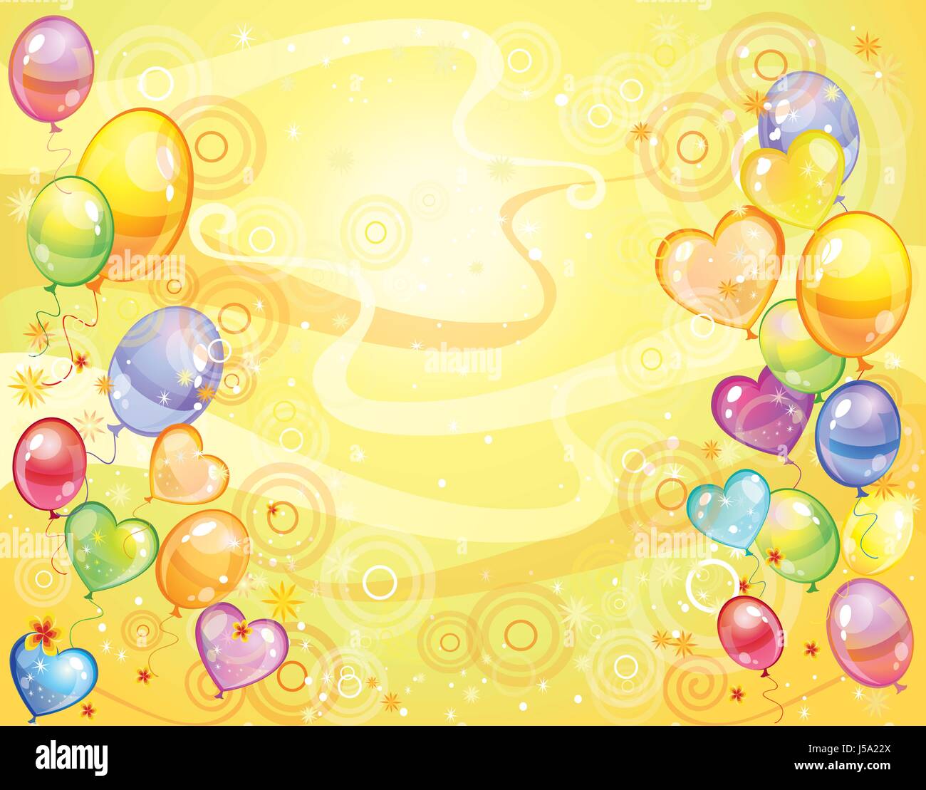 Vacanza colorato sfondo giallo con palloncini, cerchi e ondulate ornamento. Illustrazione Vettoriale Illustrazione Vettoriale