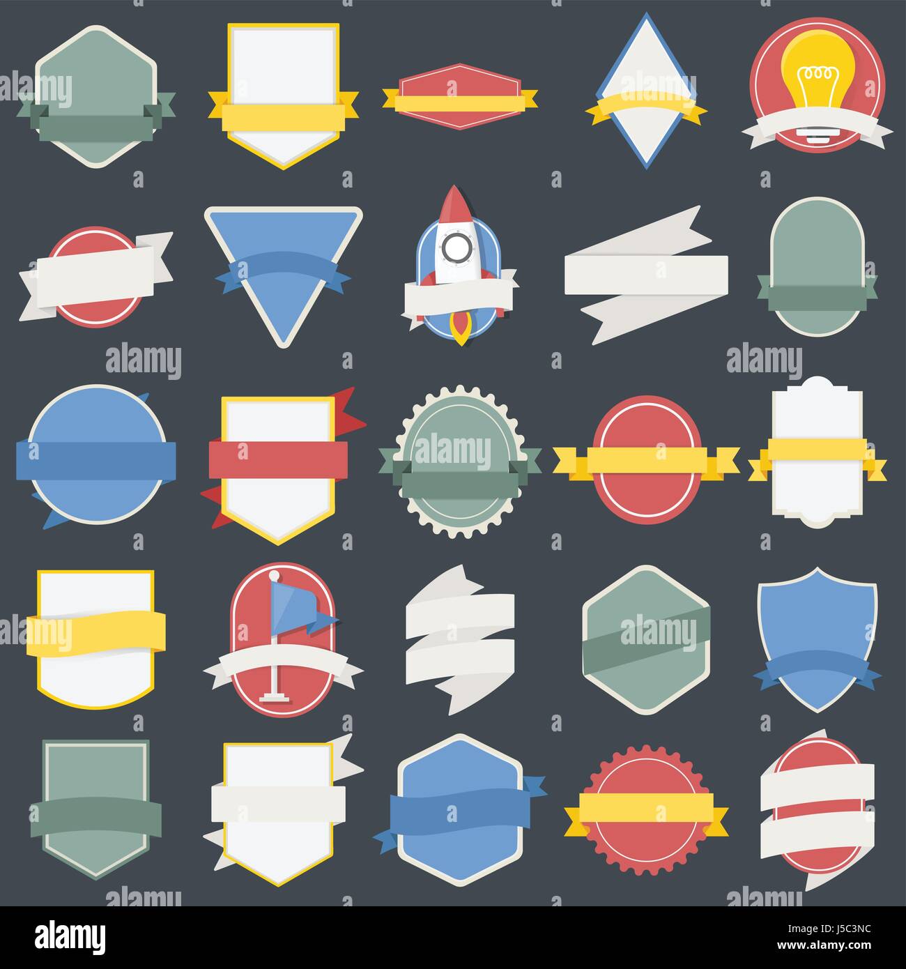 Set misto di lampadine astronave badge bandiera emblema, marchio icona Illustrazione Vettore Illustrazione Vettoriale