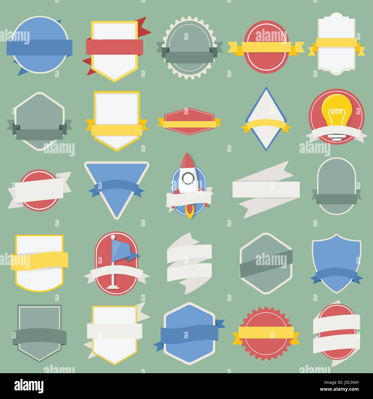 Set misto di lampadine astronave badge bandiera emblema, marchio icona Illustrazione Vettore Illustrazione Vettoriale