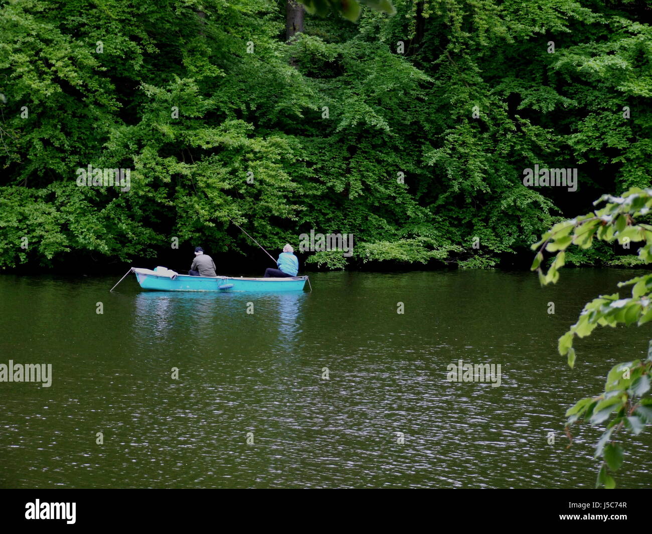 Angolo verde pesci barca a remi canna da pesca leisure sport asta sul lago di acqua dolce Foto Stock