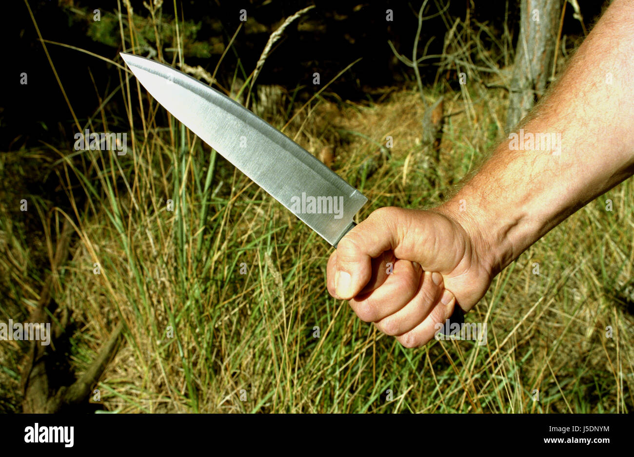 Pericolo lotta lotta contro la minaccia della forza di attacco della difesa del braccio coltello arma foresta dei coltelli Foto Stock