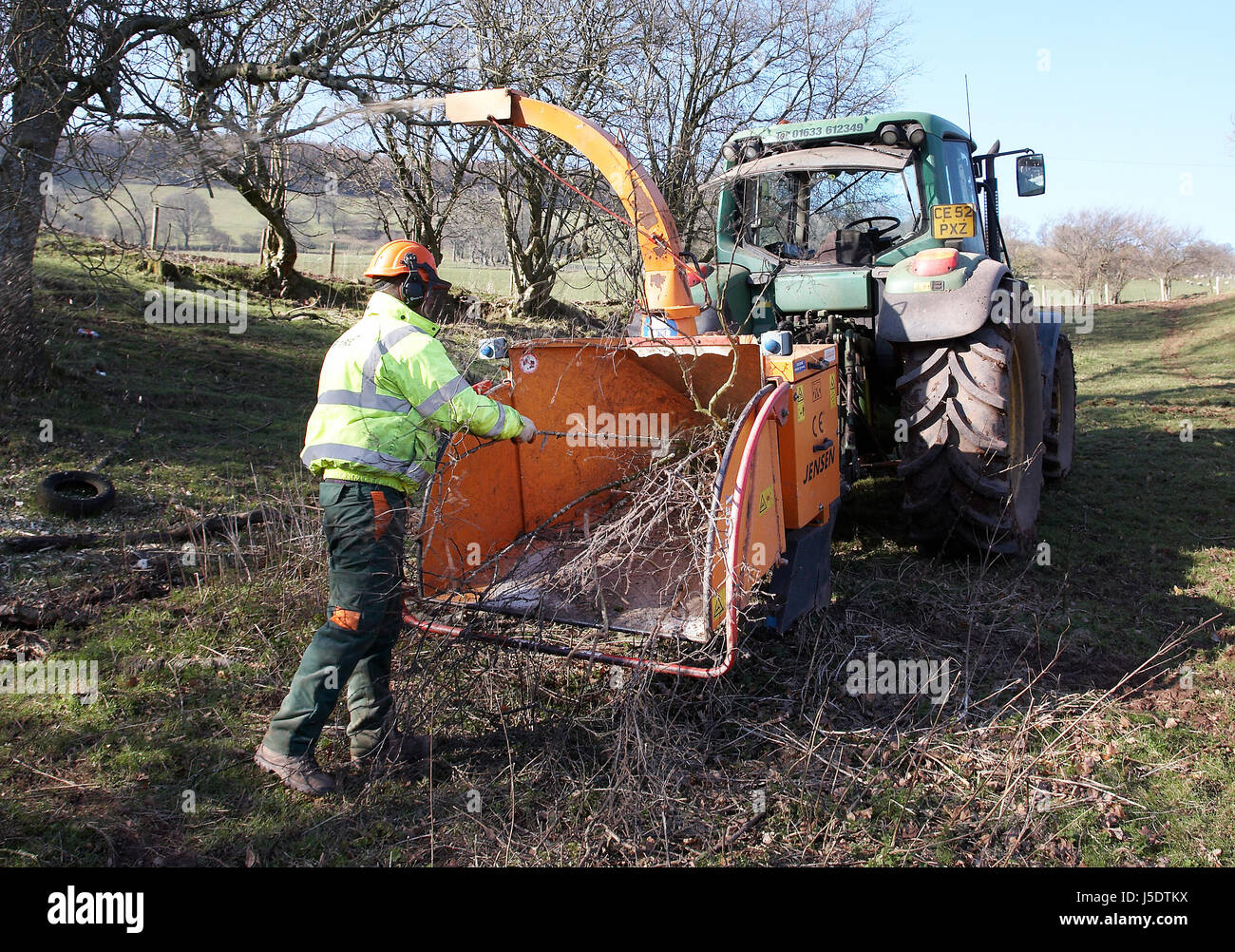 Operai triturazione di alberi che sono caduti nei campi a causa di tempeste in Galles, nel Regno Unito. Foto Stock