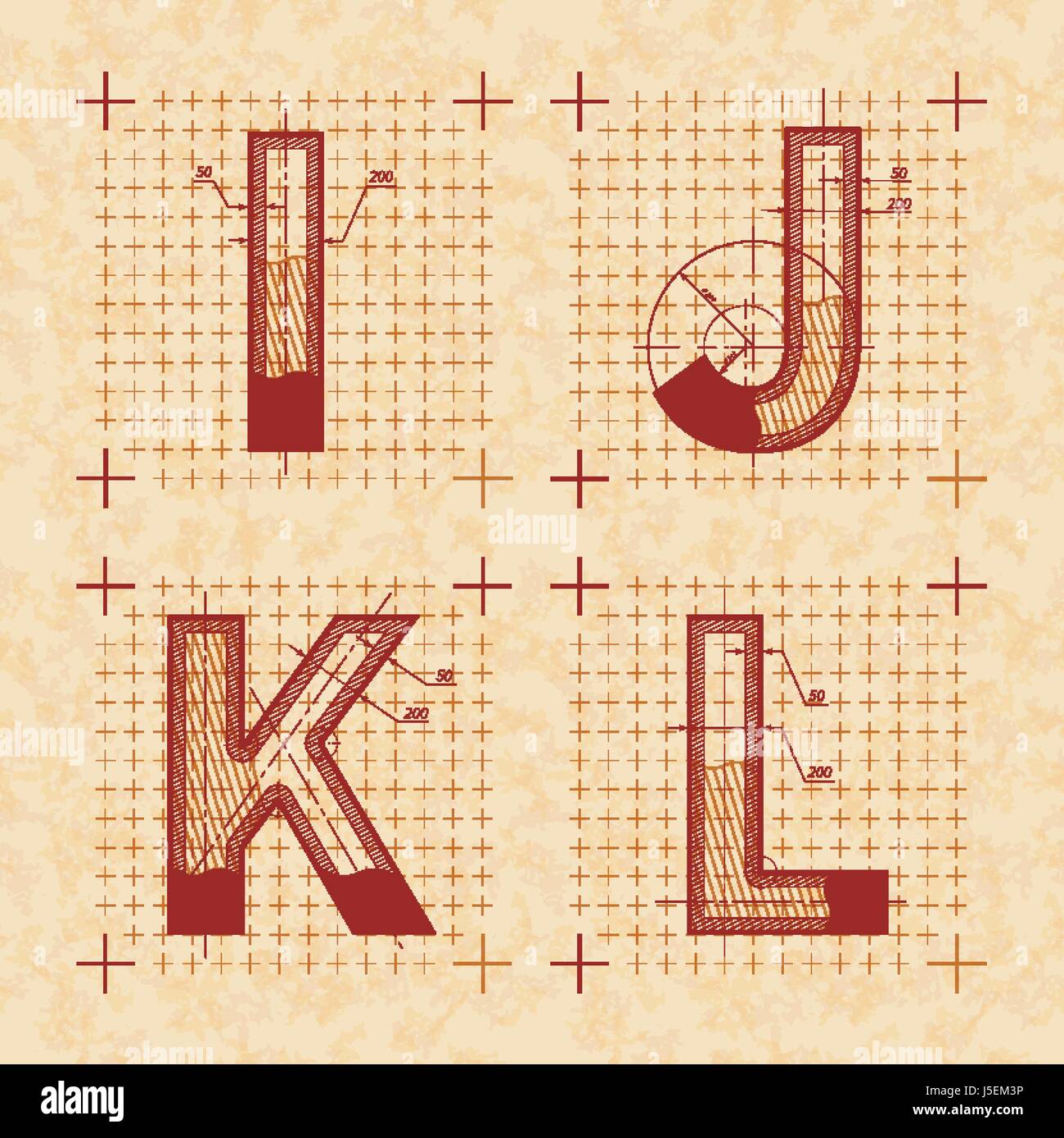 Schizzi di medievale di I J K L lettere. In stile retrò font sul vecchio giallo carta testurizzata Illustrazione Vettoriale