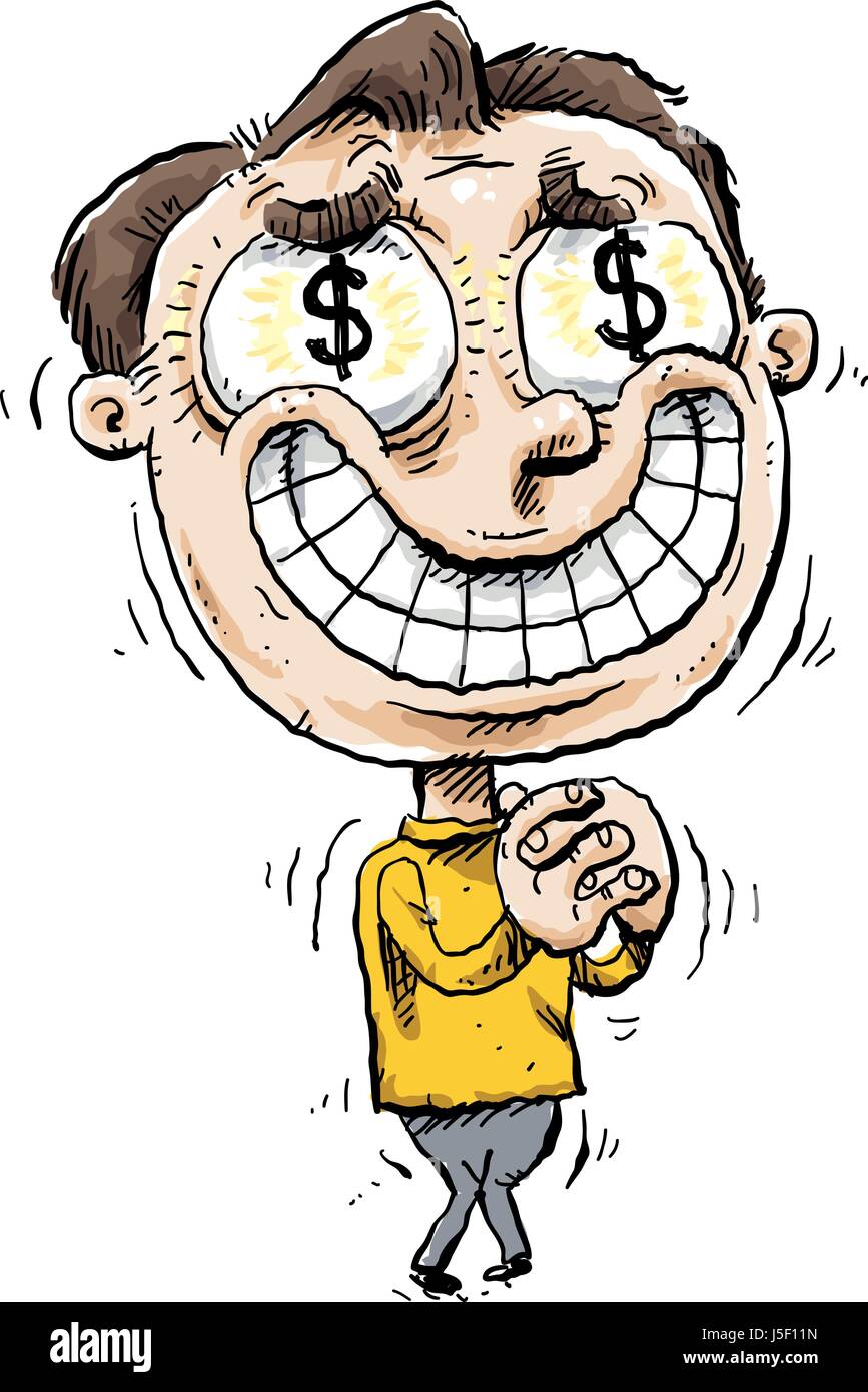 Un effetto di scuotimento, sorridente cartoon uomo sopraffatto dalla cupidigia con segni di dollaro nei suoi occhi. Illustrazione Vettoriale