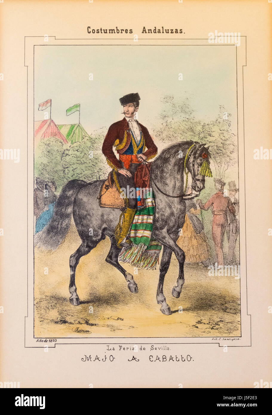 Dude a cavallo. Majo un caballo. La fiera di Siviglia. Feria de Abril. Dopo un lavoro di Antonio Chaman pubblicato in Siviglia da Carlos Santigosa nel 1853. Foto Stock