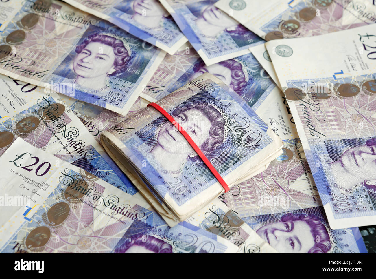 Primo piano di contanti inglesi banconote da £20 banconote da venti sterline banconote da banconote da inglese Inghilterra Regno Unito GB Gran Bretagna Foto Stock