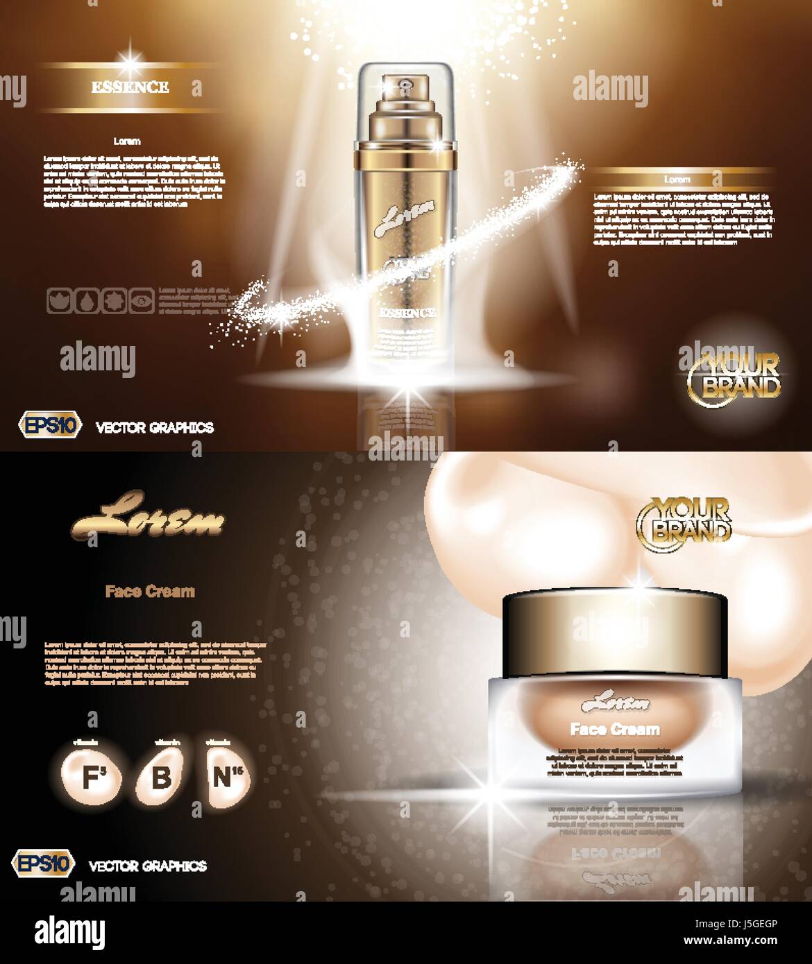 Vettore digitale golden bottiglia di vetro spray essenza e creammockup su sfondo marrone, con il vostro marchio, pronto per gli annunci a mezzo stampa o di una rivista di design. Transpa Illustrazione Vettoriale