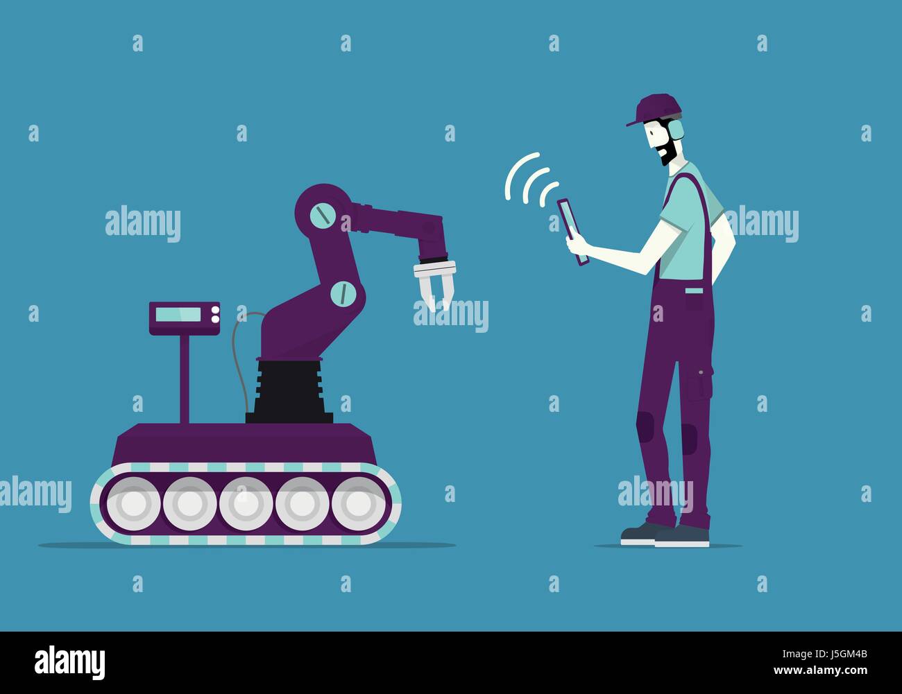 Robot controllato da esperti operaio con Tablet PC. Illustrazione Vettoriale