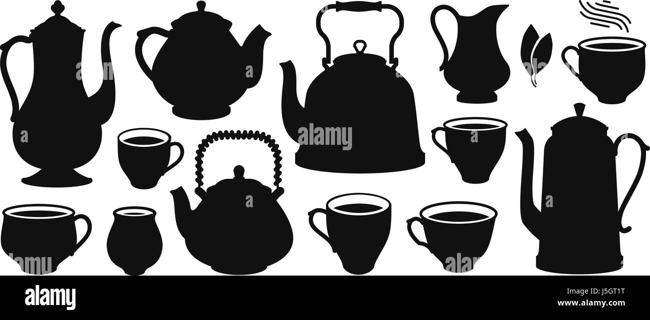 Set per il tè, silhouette. Bollitore elettrico, teiera, coppa, creamer Icona o simbolo. Illustrazione Vettoriale Illustrazione Vettoriale