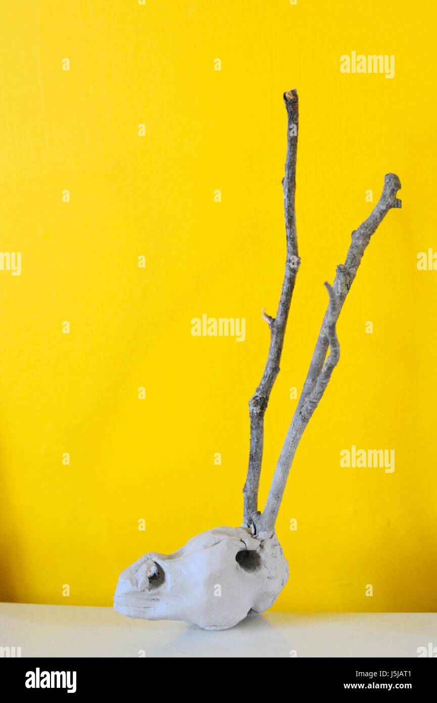 Testa di cervo scultura realizzata da un bambino a scuola, Wales, Regno Unito. Foto Stock