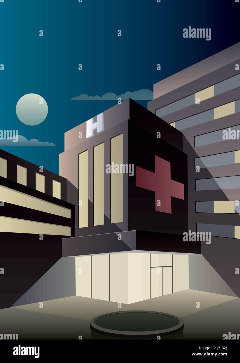 Cartoon ospedale di notte in stile Art Deco. Illustrazione Vettoriale