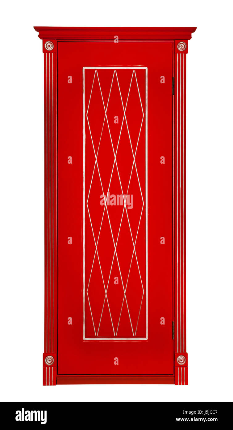Rosso vintage in legno porta isolata su sfondo bianco Foto Stock