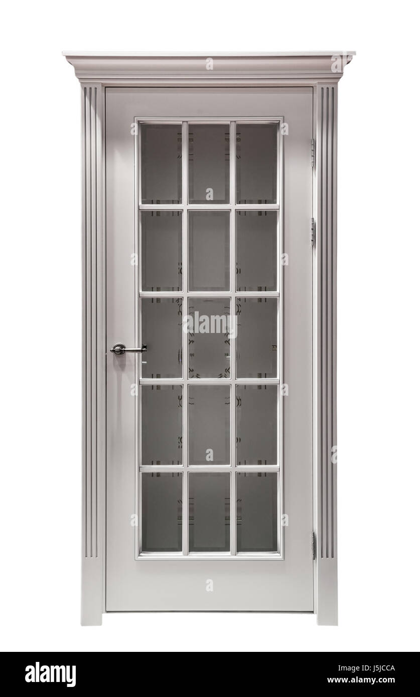 Grigio vintage in legno porta con finestre di vetro isolato su sfondo bianco Foto Stock