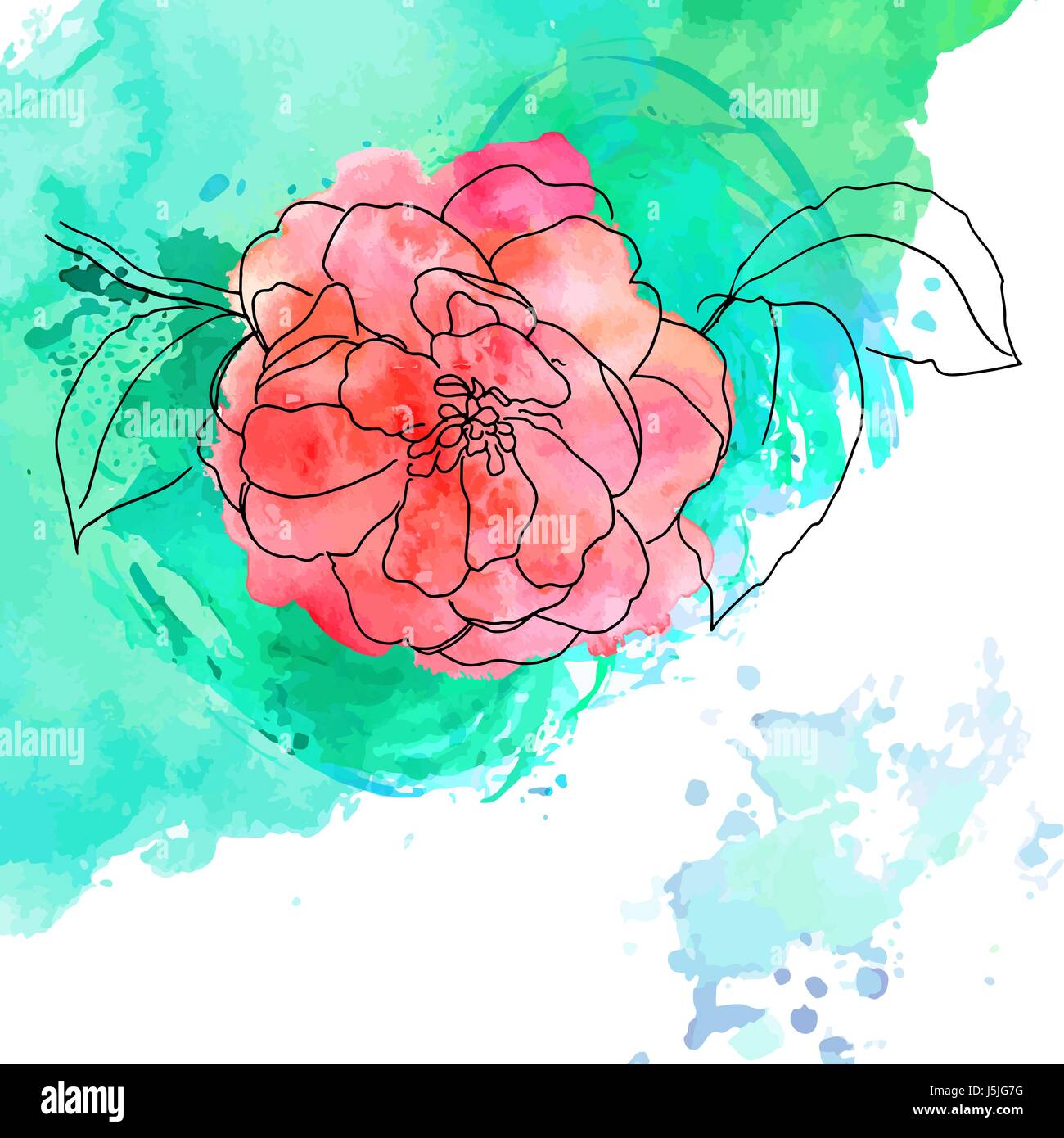 Scheda vettore con camellia, teal acquerello texture, e copyspac Illustrazione Vettoriale