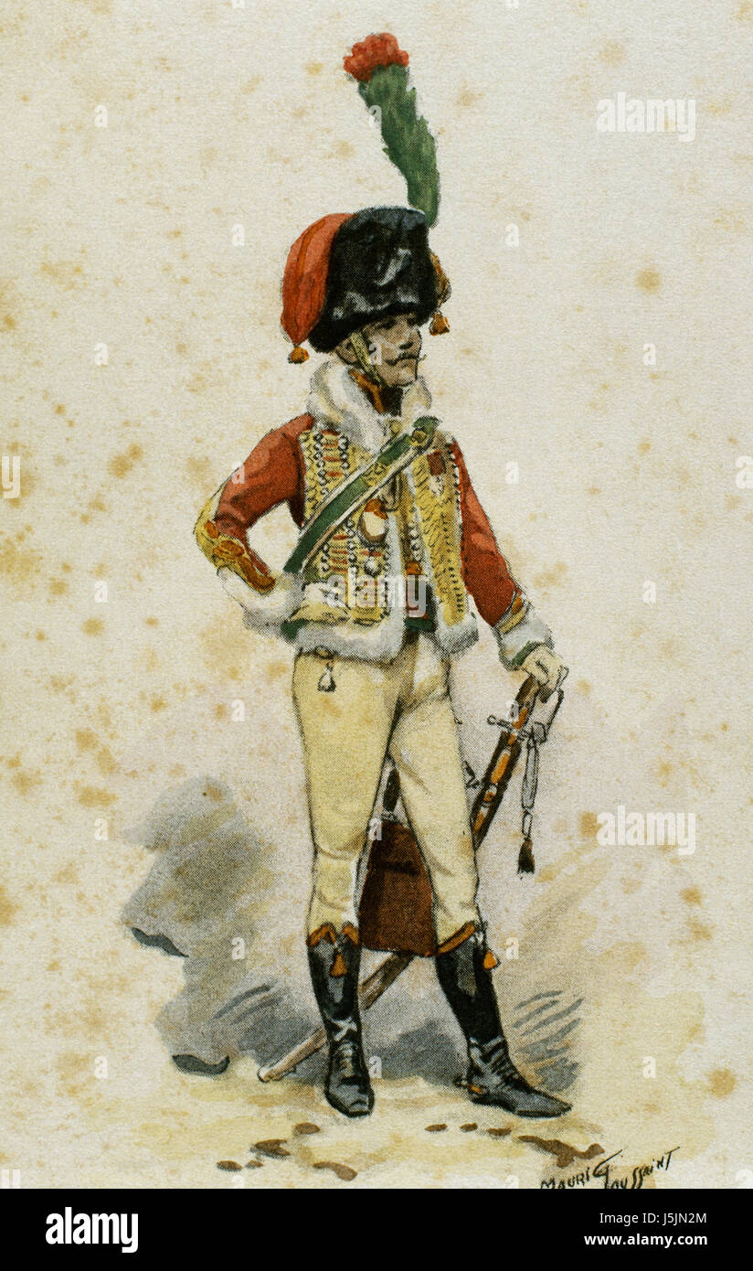 Uniformi militari. La Francia. Il XVIII secolo. Primo Impero. Officer del cavallo Chasseurs della Guardia Imperiale. Incisione a colori, XIX secolo. Foto Stock