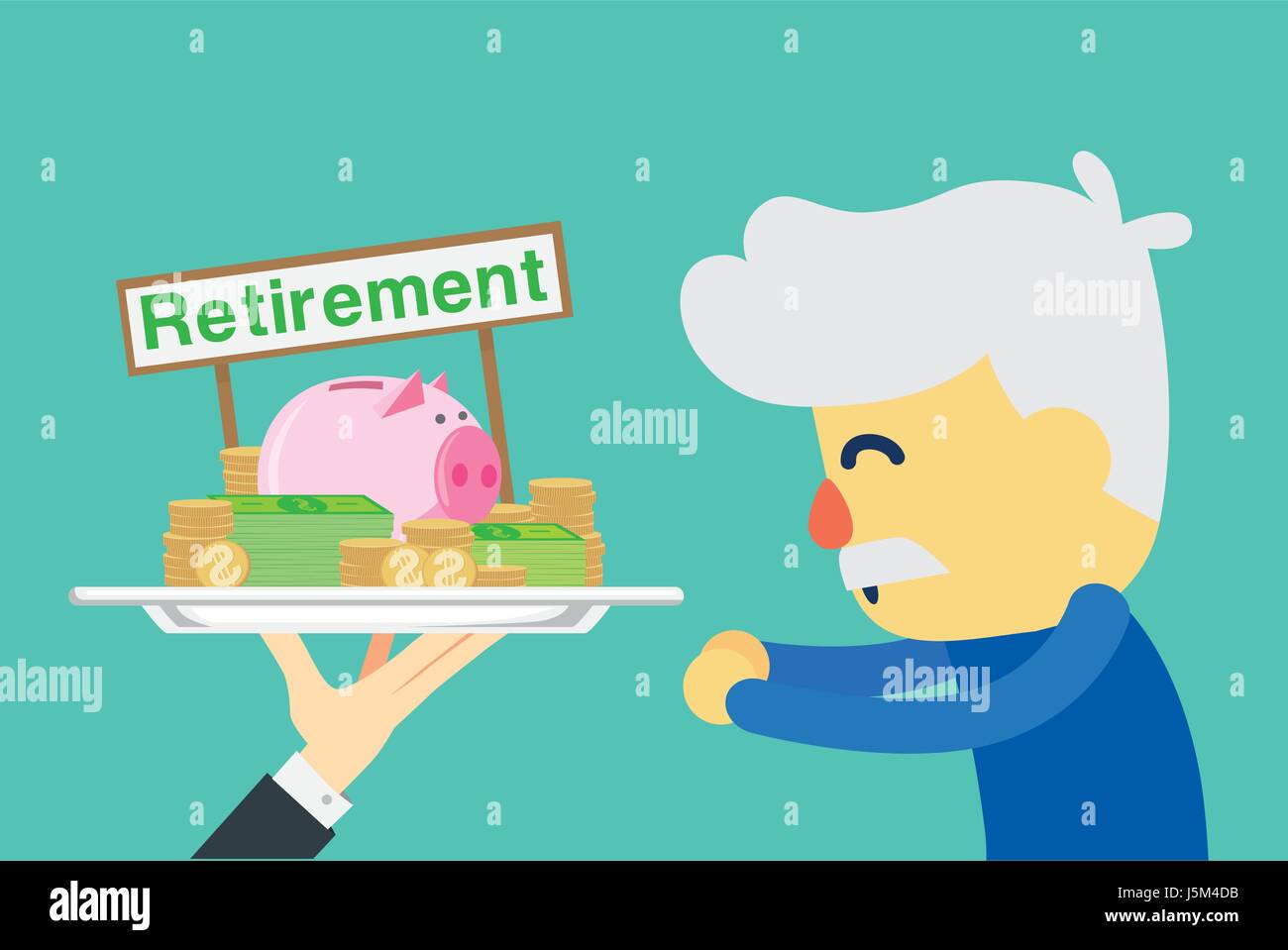 Il dipendente senior soddisfatti di ottenere fondi di pensionamento. Illustrazione sul risparmio di denaro. Illustrazione Vettoriale