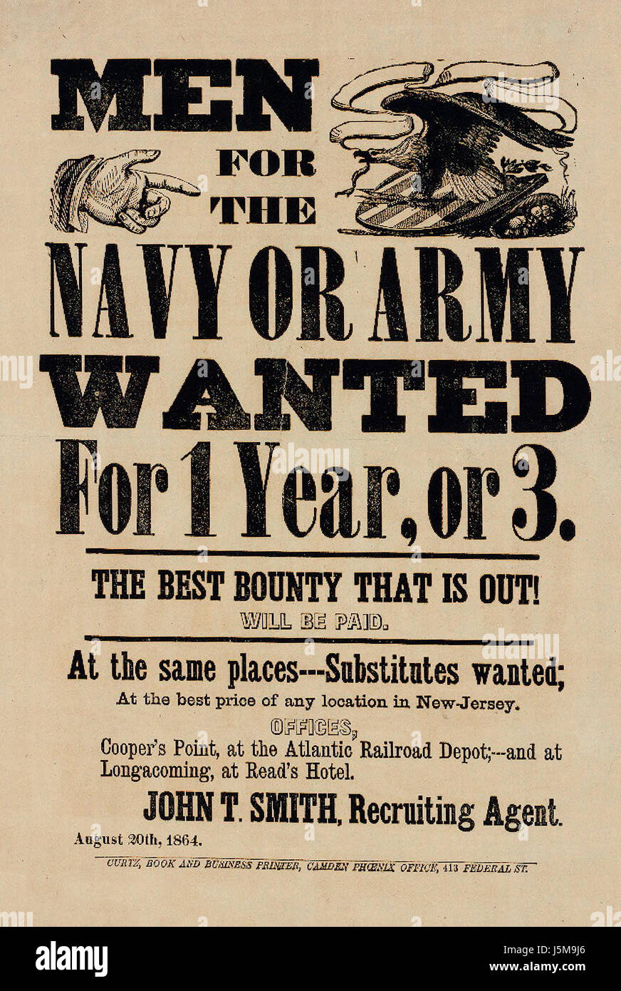 Gli uomini per l'esercito o la marina ha voluto per 1 anno o 3 - Il miglior Bounty che è fuori saranno pagate - Guerra civile americana il reclutamento di poster Foto Stock