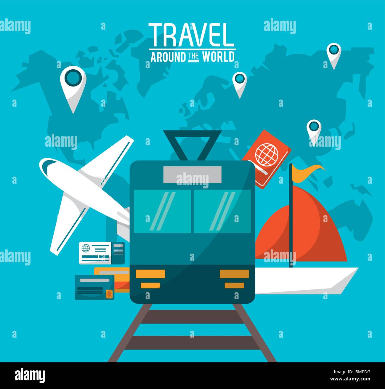 Viaggiare in tutto il mondo. veicoli di trasporto il passaporto e il pin mappa Mondo Illustrazione Vettoriale