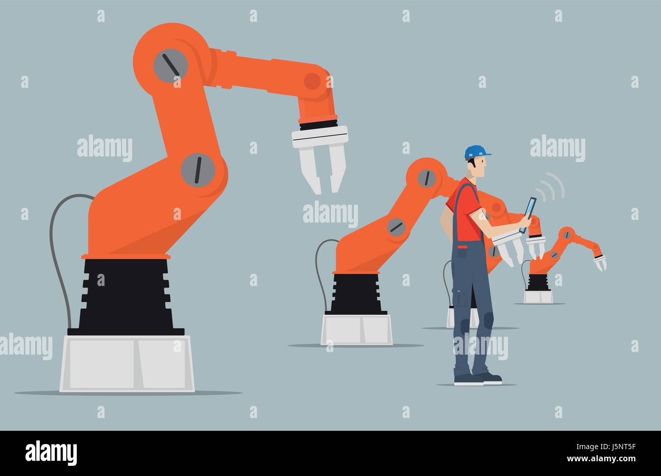 L'industria 4.0 Automazione di Fabbrica concetto. Mani robot controllato da esperti operaio con tablet PC. Illustrazione Vettoriale