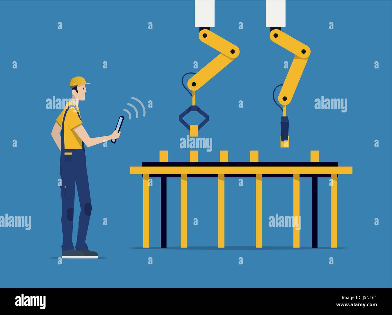 L'industria 4.0 Automazione di Fabbrica concetto. Mani robot controllato da esperti operaio con tablet PC. Illustrazione Vettoriale